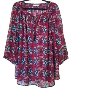 Daniel Rainn Women's Plus Floral Chiffon Semi-Sheer Peasant‎ Top Popover Blouse
